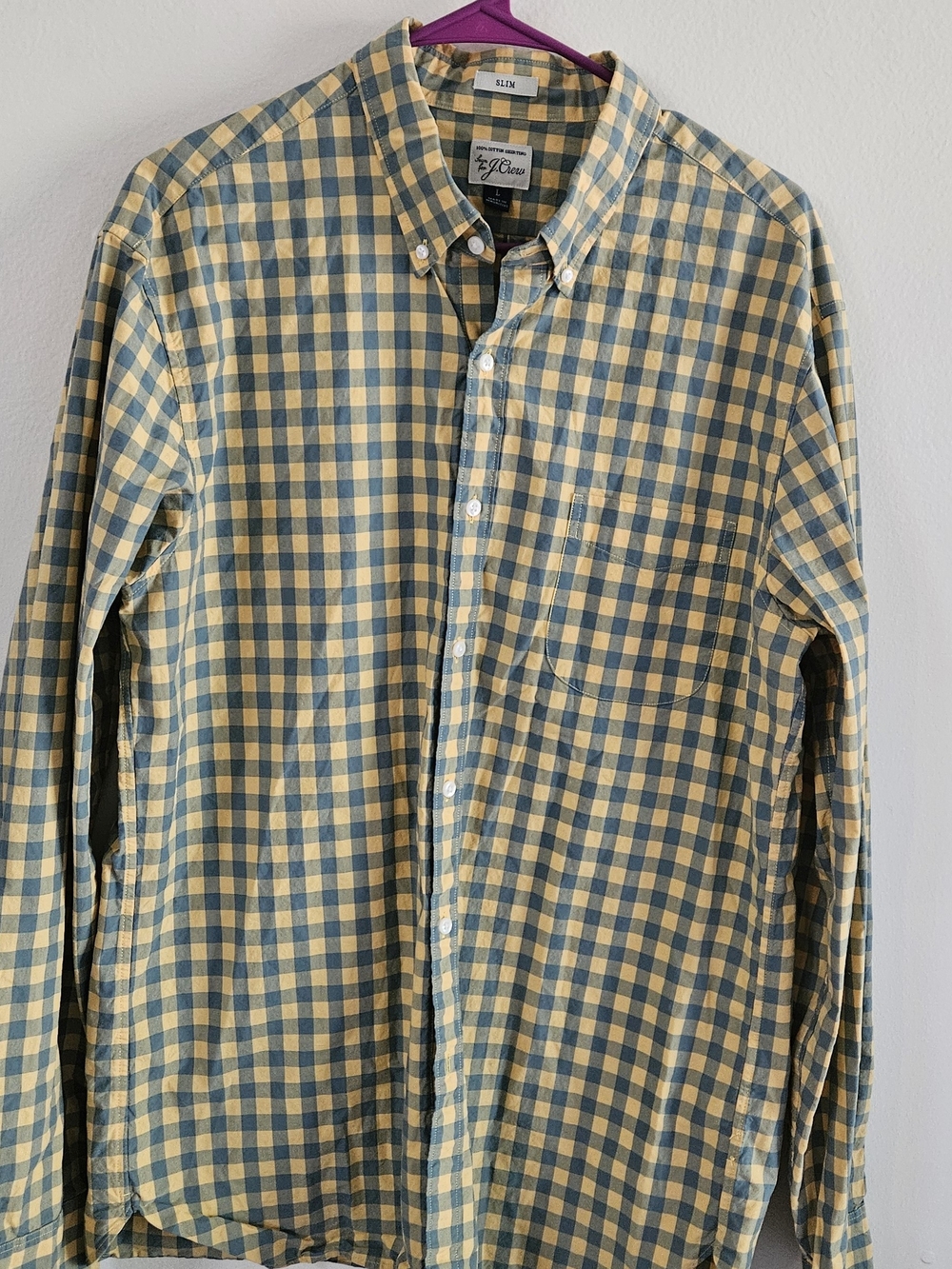 J. Crew Men's Yellow and Blue Gingham Button-Down Long Sleeve Shirt.Fall, Office